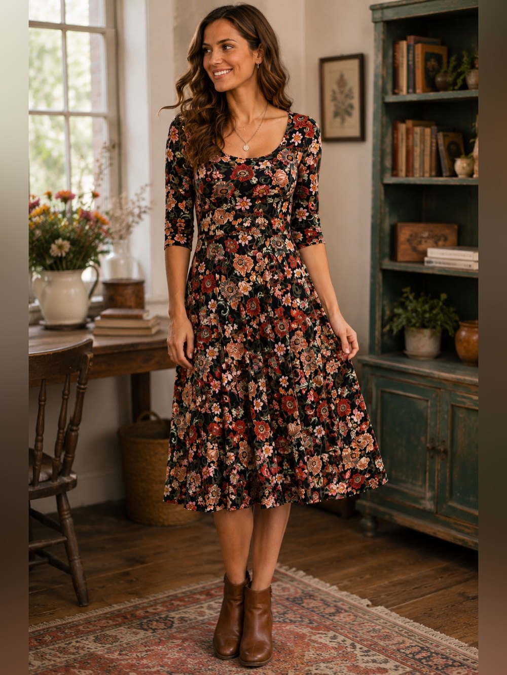 Salaam Made in USA Floral Fit & Flare Dress Medium Boho Cottagecore 3/4 Sleeve